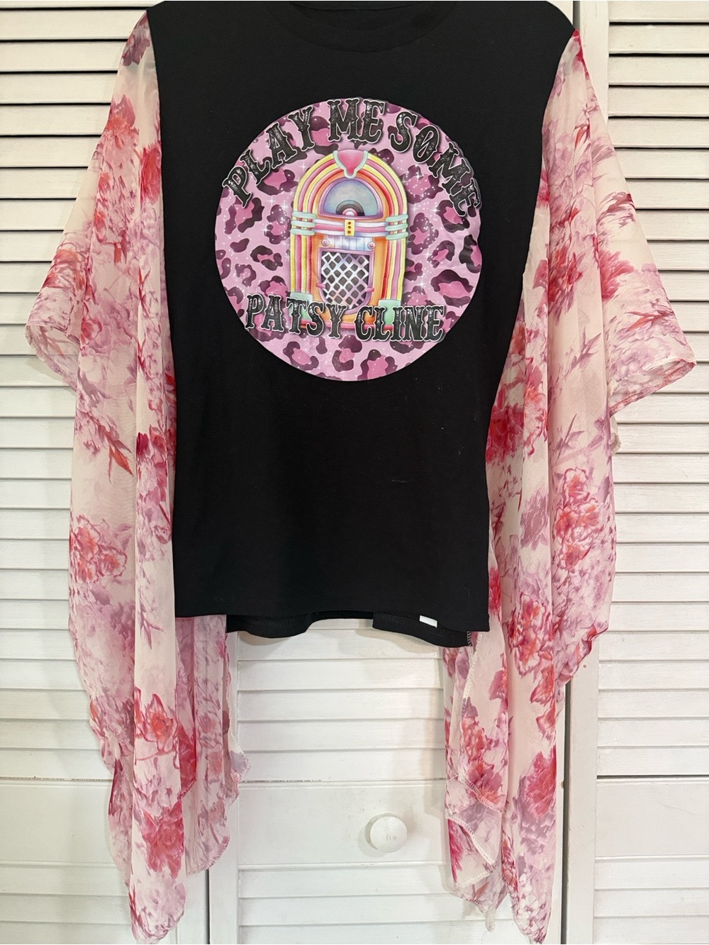Play me some Patsy Cline Black Graphic Tee with Pink Floral scarf Sleeves